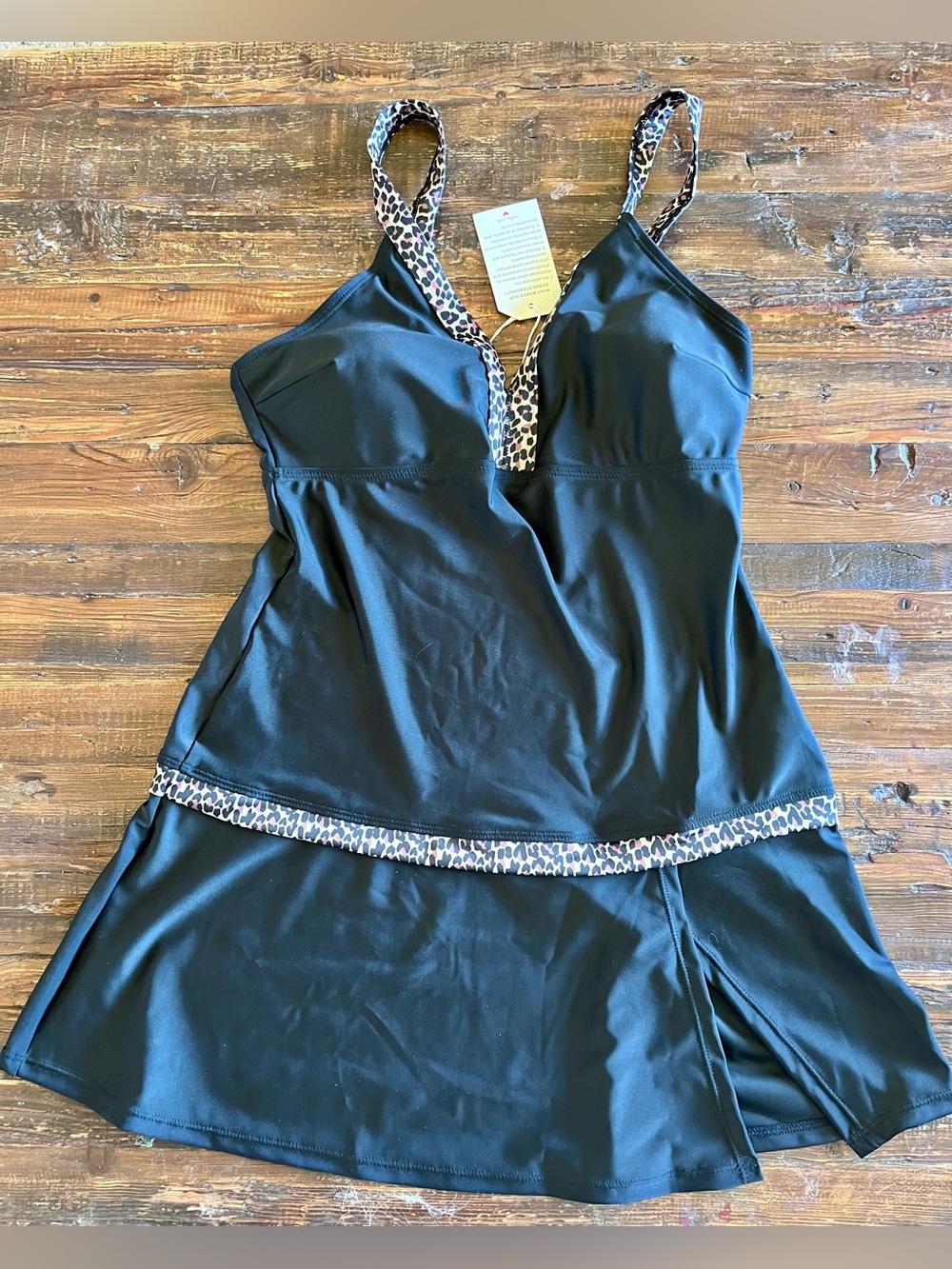 Black Swim Dress with Leopard Trim Includes black bottoms Sz M NWT